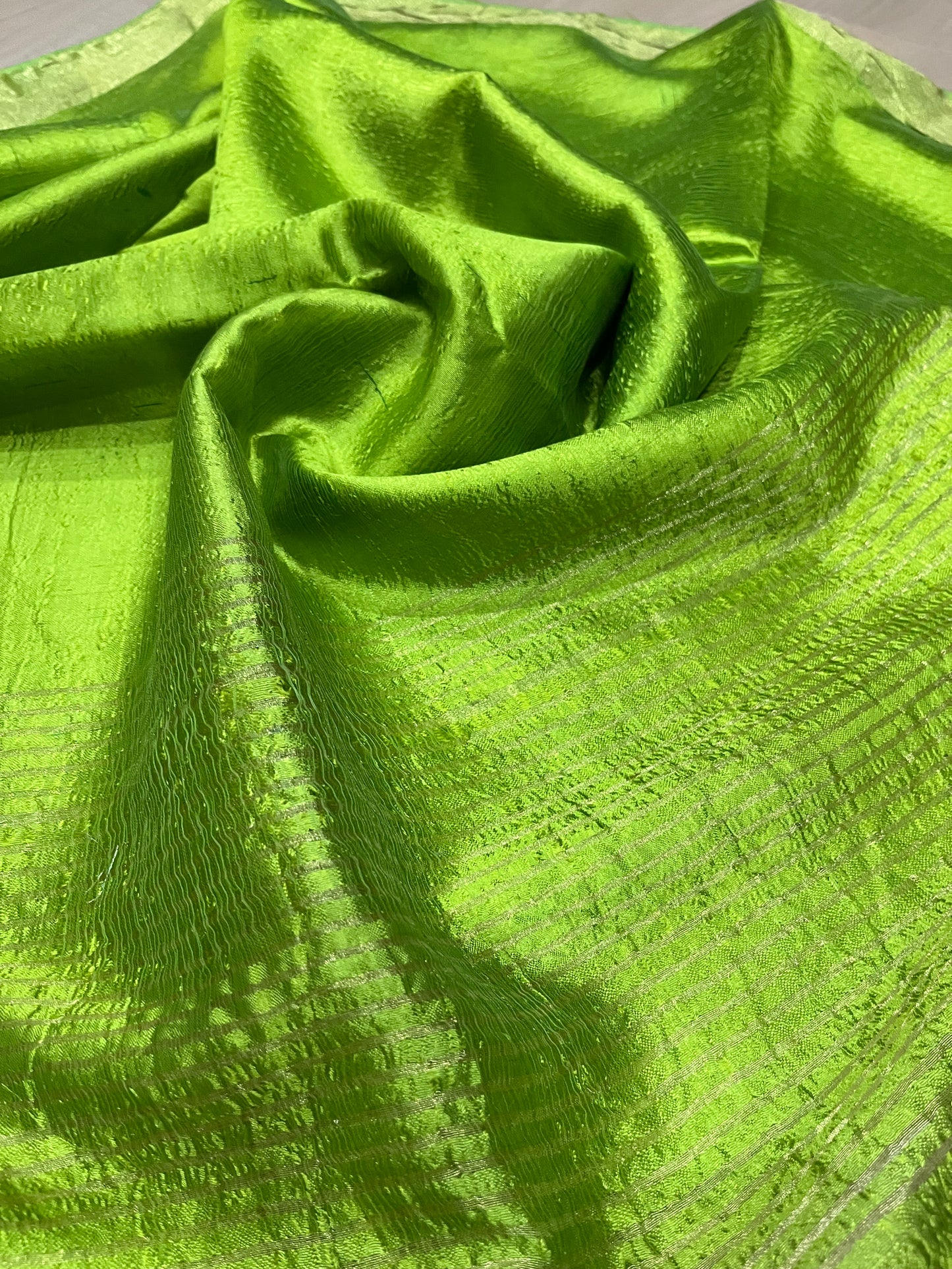 Bright Green Handmade Silk Viscose Saree | Gold Zari Border | KIHUMS Saree