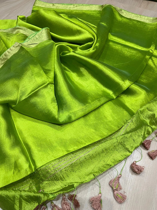 Bright Green Handmade Silk Viscose Saree | Gold Zari Border | KIHUMS Saree kihums clothing
