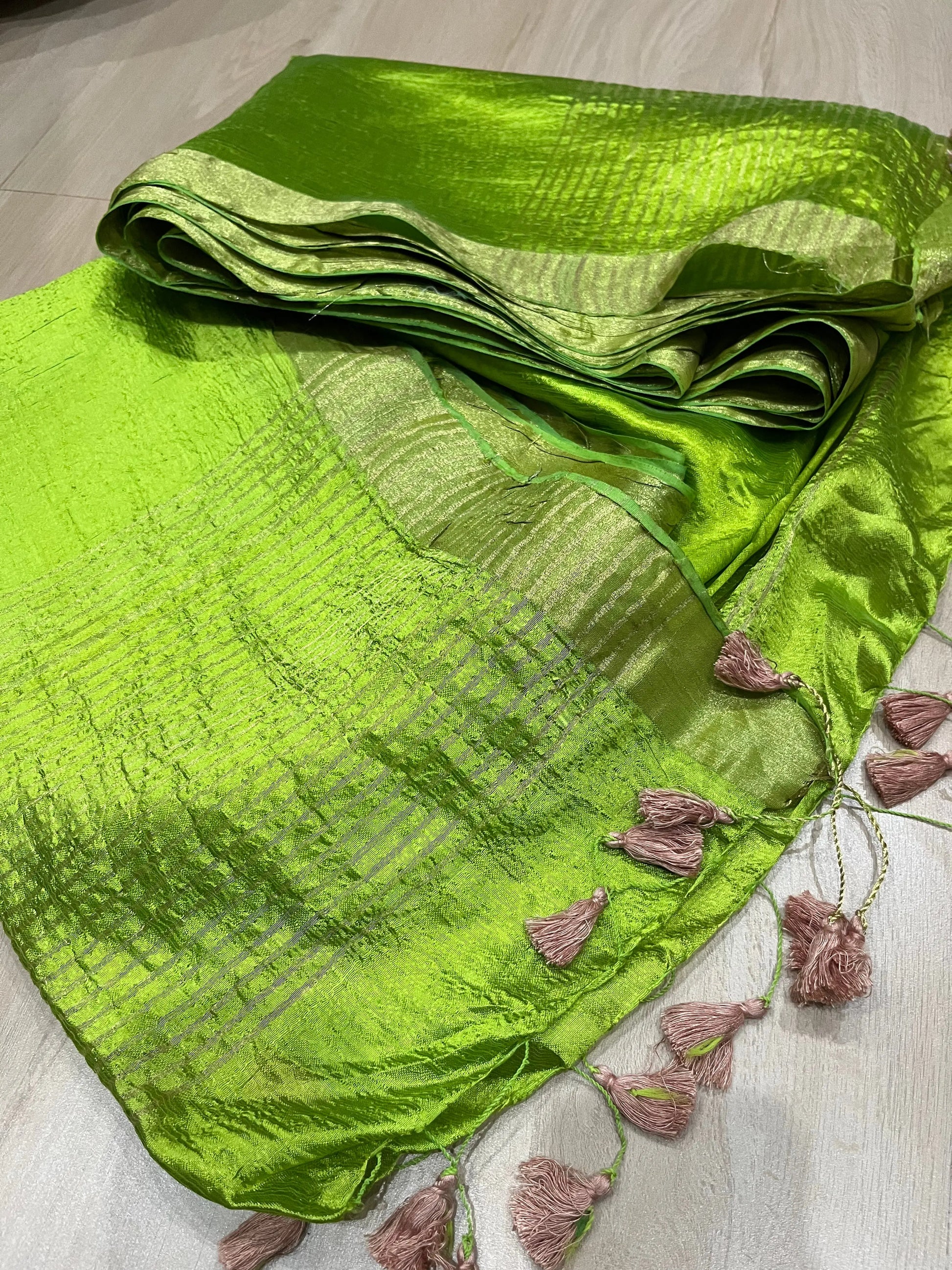 Bright Green Handmade Silk Viscose Saree | Gold Zari Border | KIHUMS Saree kihums clothing