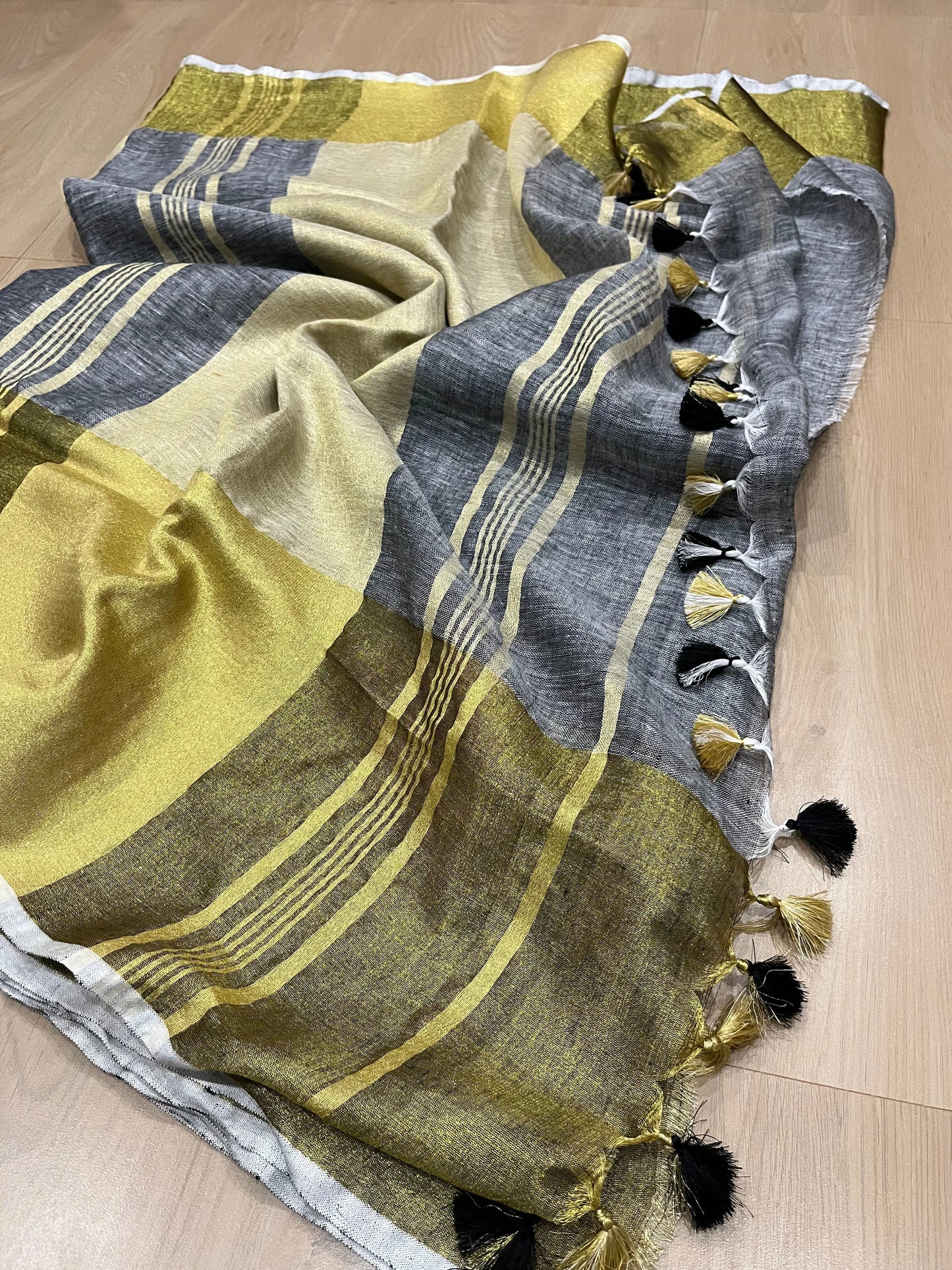 Grey Handwoven organic Linen Saree | Gold zari border | KIHUMS Saree kihums clothing