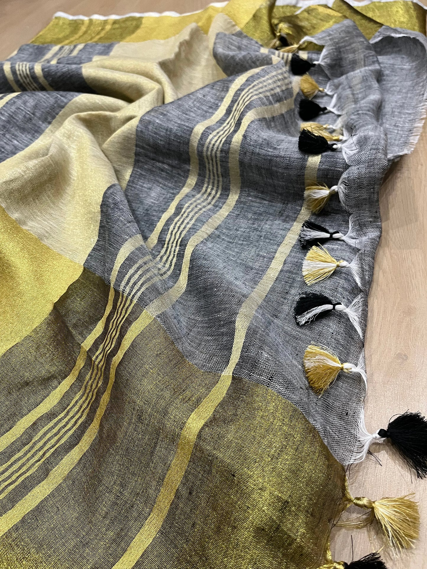 Grey Handwoven organic Linen Saree | Gold zari border | KIHUMS Saree kihums clothing
