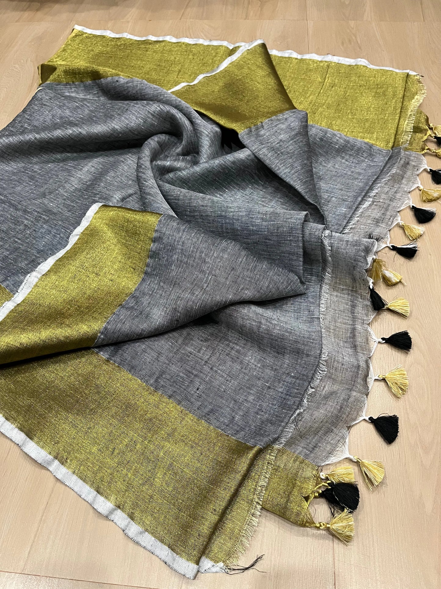Grey Handwoven organic Linen Saree | Gold zari border | KIHUMS Saree kihums clothing