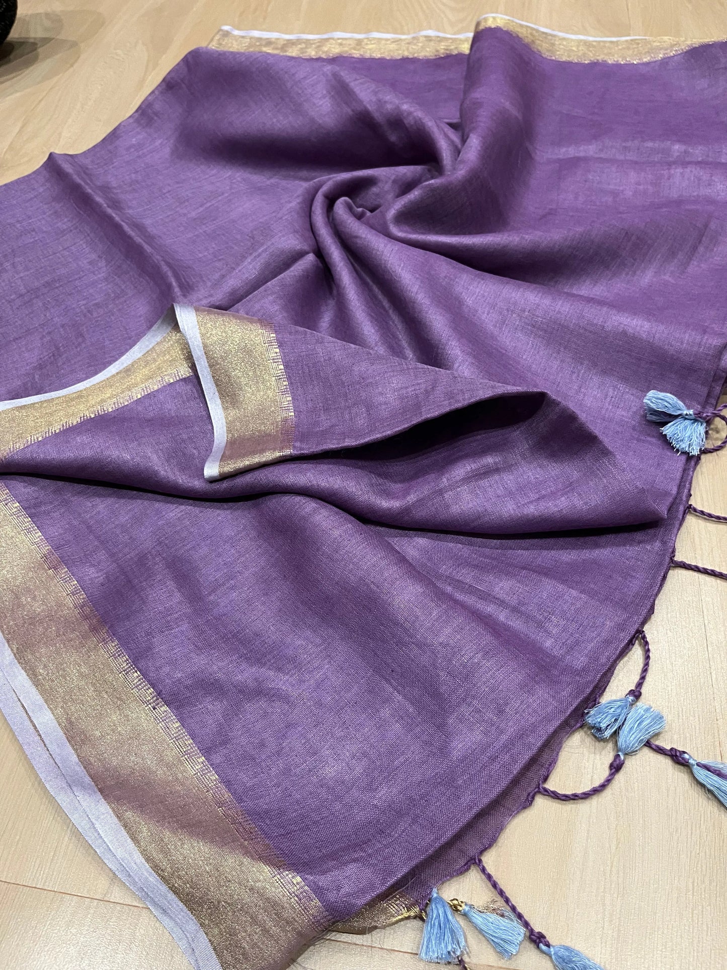 Brinjal shade Handwoven organic Linen Saree | Gold Zari border | KIHUMS Saree kihums clothing