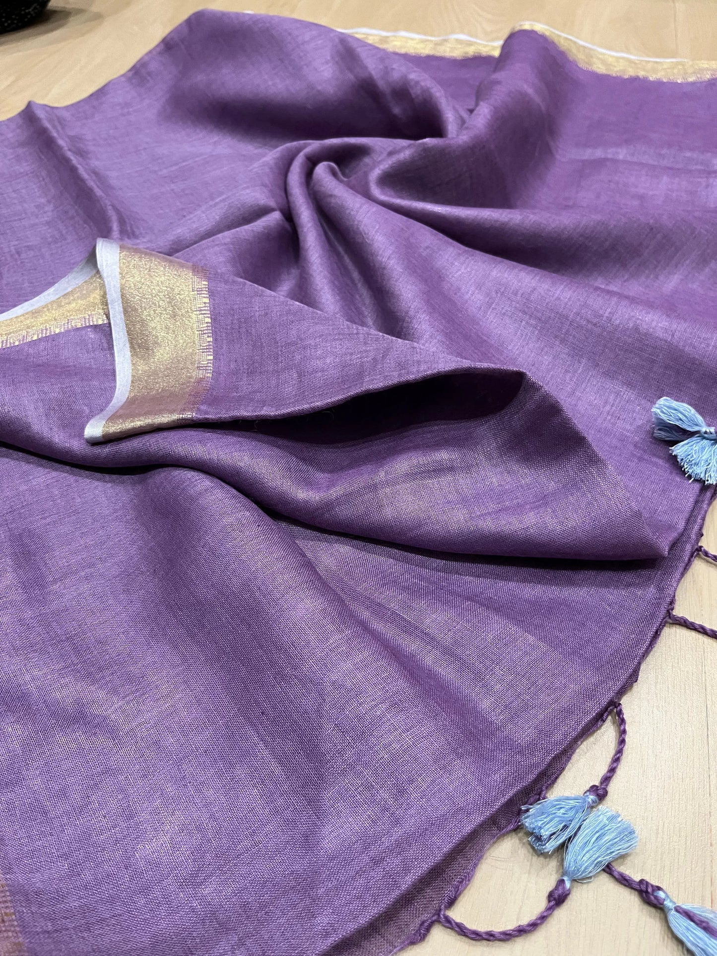 Brinjal shade Handwoven organic Linen Saree | Gold Zari border | KIHUMS Saree kihums clothing