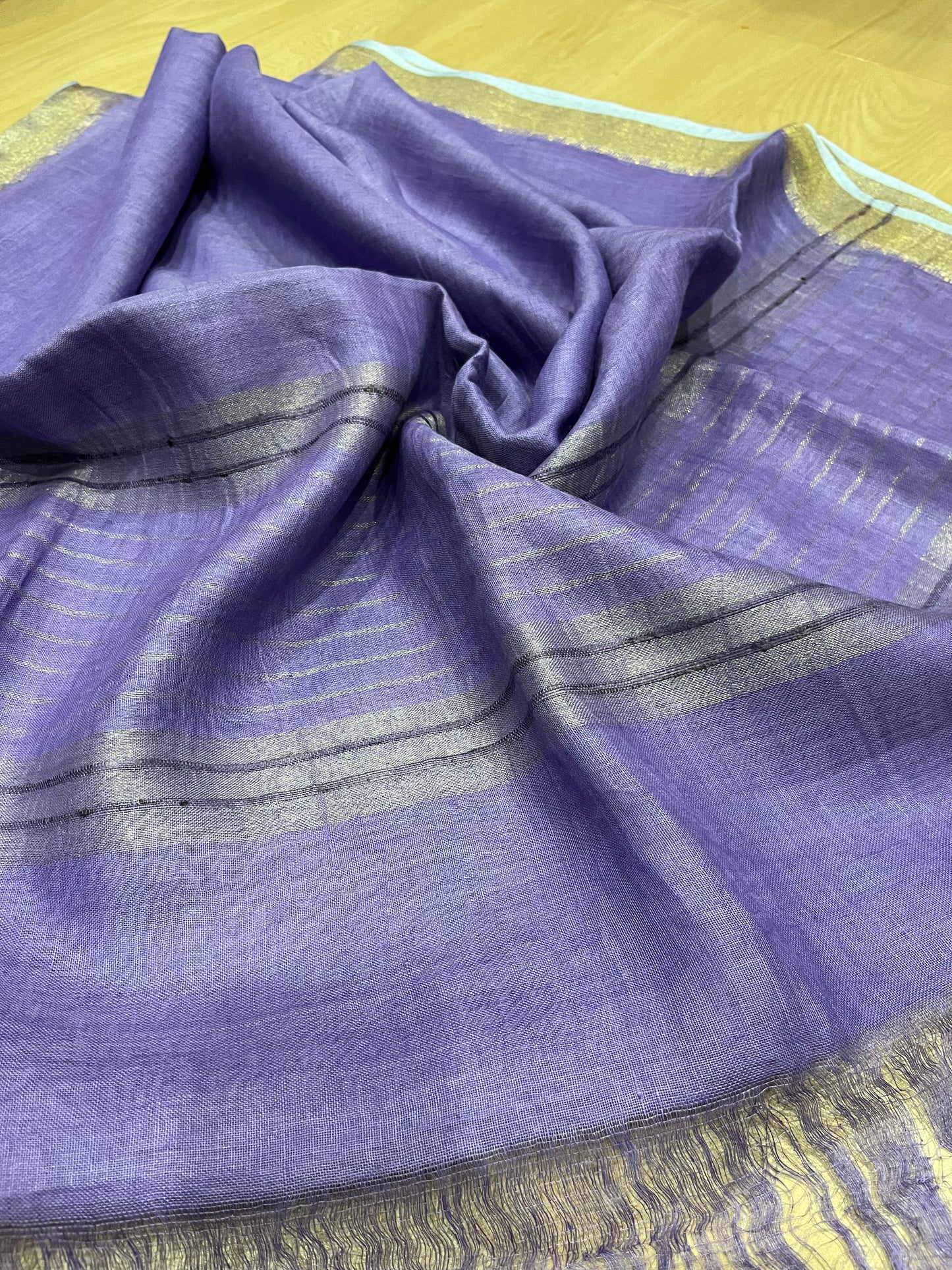Dark Lavendar shade Handwoven organic Linen Saree | Gold Zari border | KIHUMS Saree