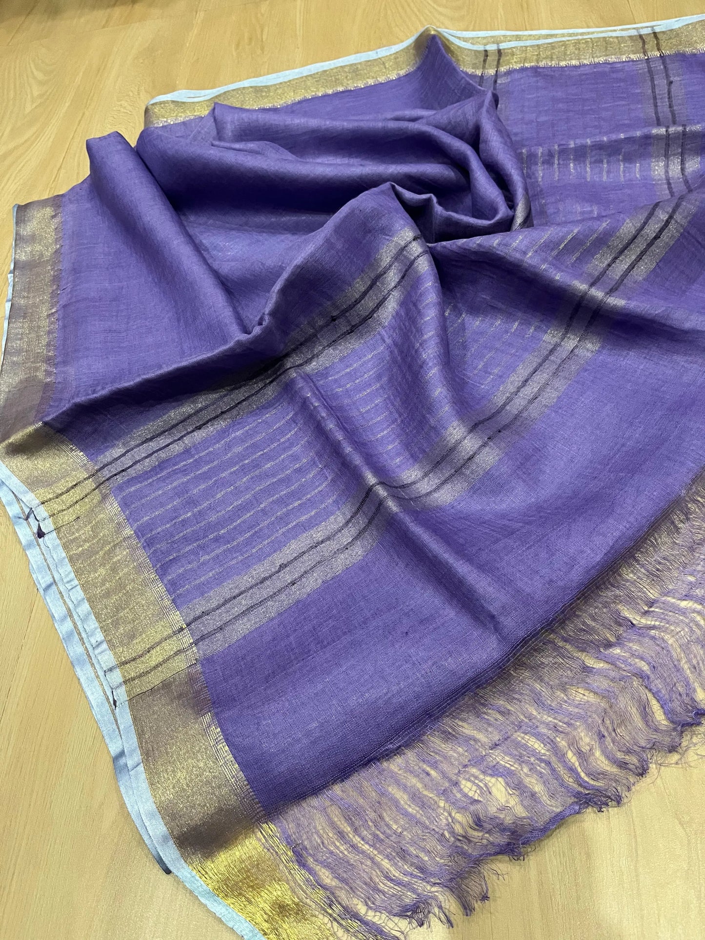 Dark Lavendar shade Handwoven organic Linen Saree | Gold Zari border | KIHUMS Saree kihums clothing