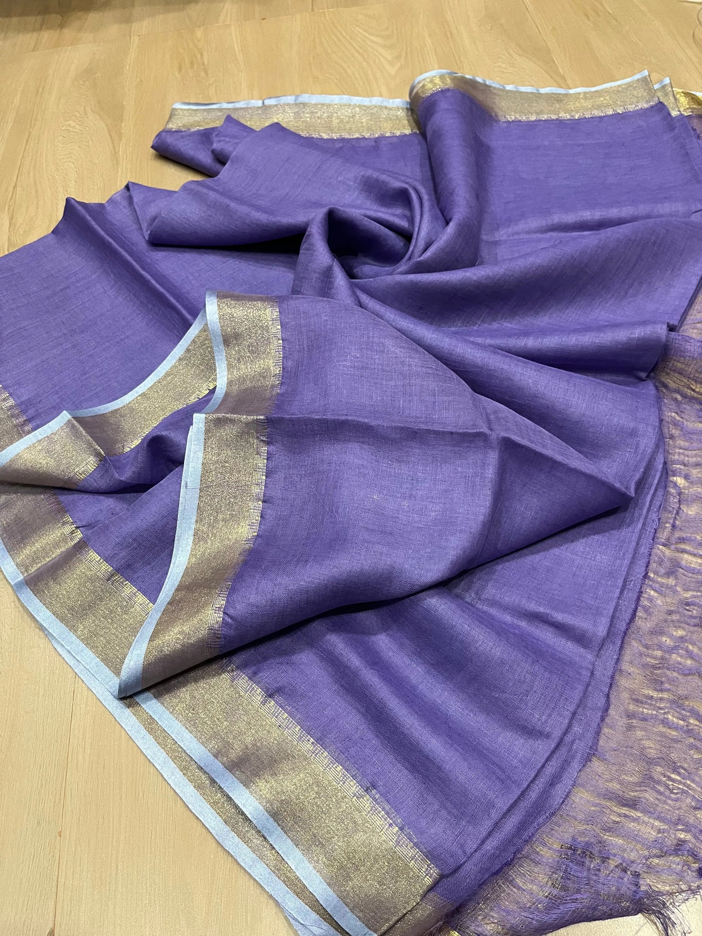 Dark Lavendar shade Handwoven organic Linen Saree | Gold Zari border | KIHUMS Saree kihums clothing