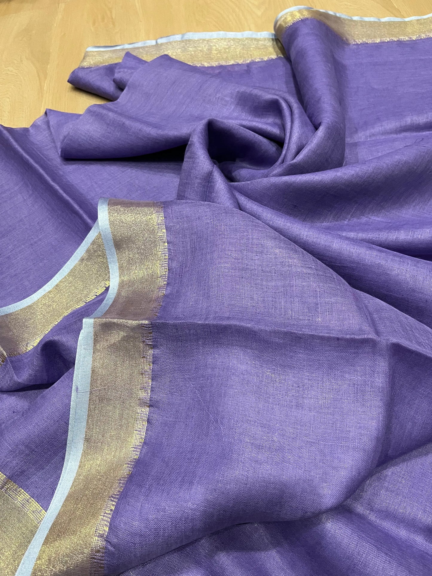 Dark Lavendar shade Handwoven organic Linen Saree | Gold Zari border | KIHUMS Saree kihums clothing