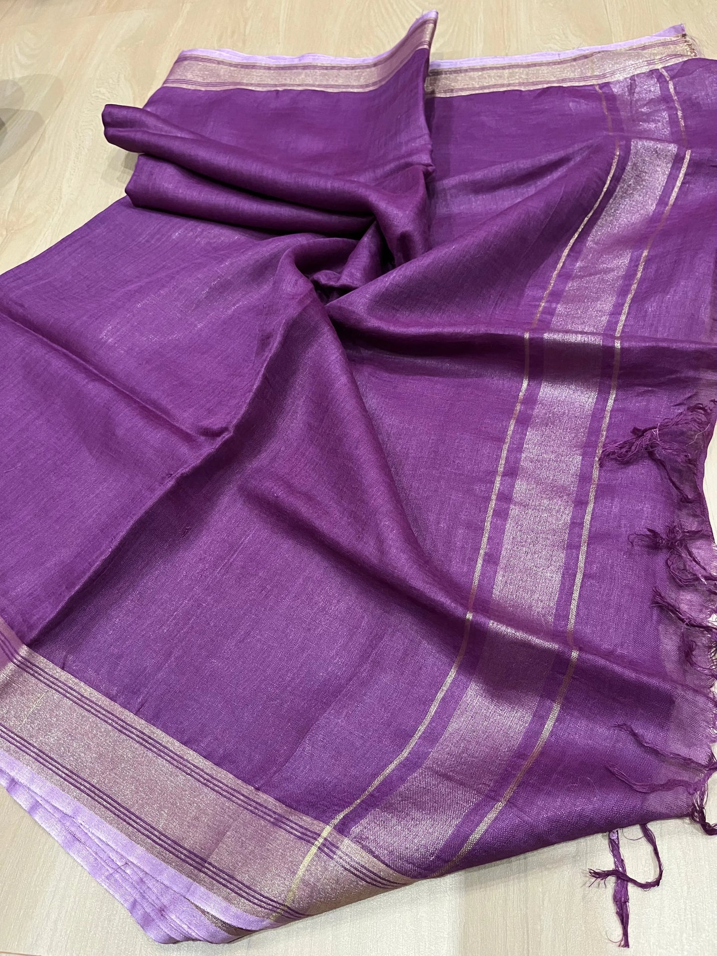 Purple shade Handwoven organic Linen Saree | Gold Zari border | KIHUMS Saree kihums clothing