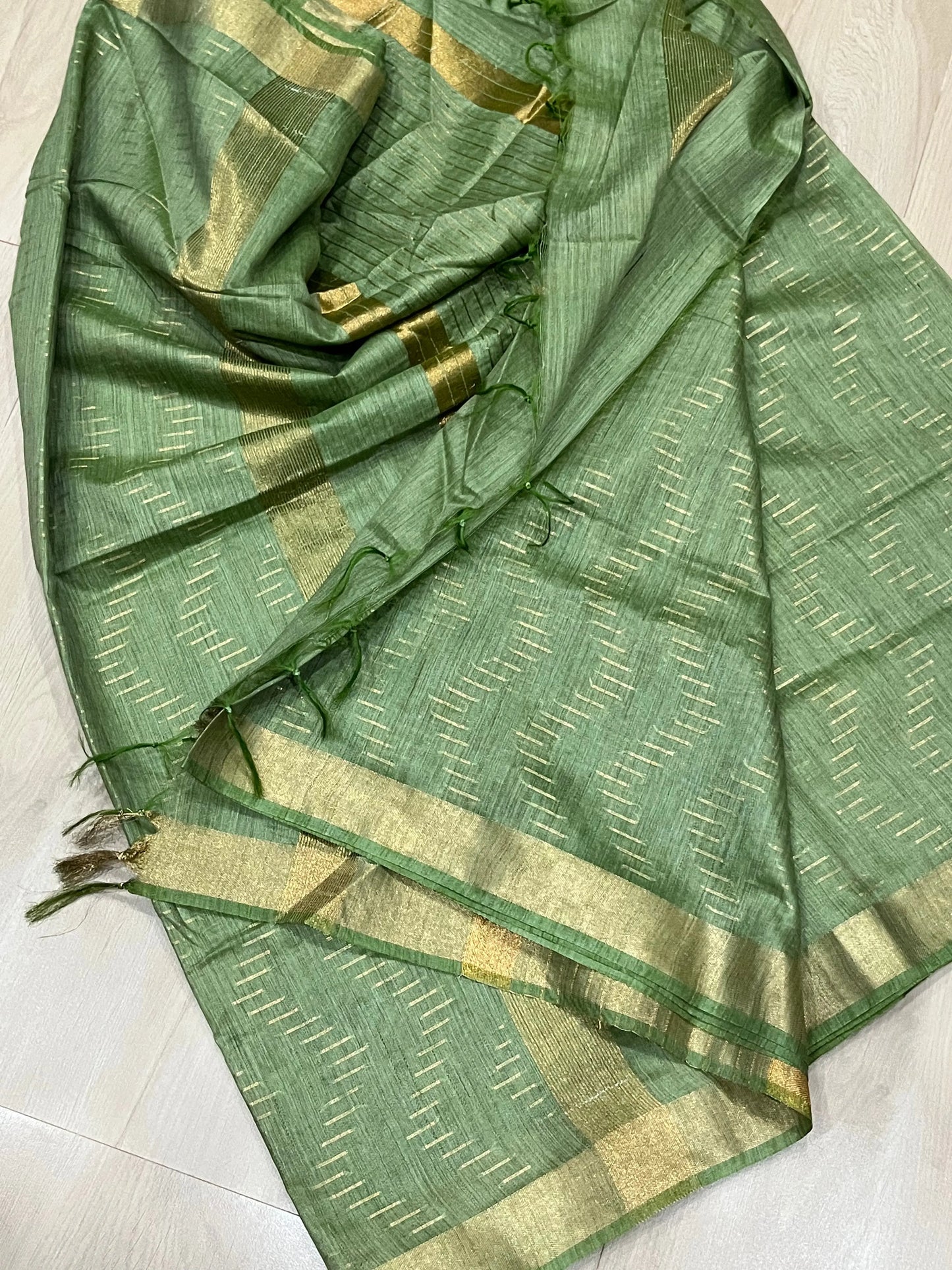Bottle green shade Handwoven organic Linen Saree | Gold Zari border | KIHUMS Saree kihums clothing
