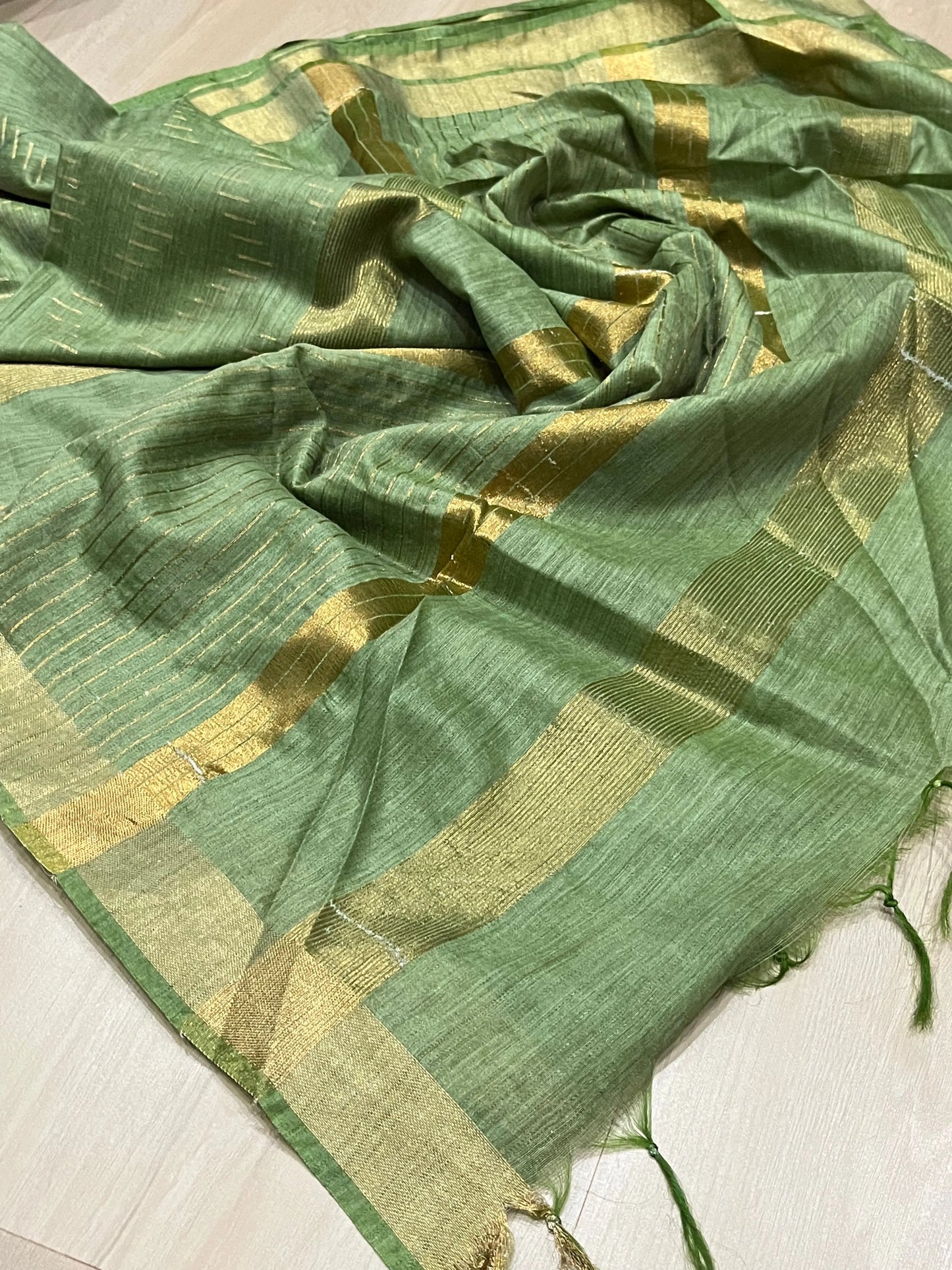 Bottle green shade Handwoven organic Linen Saree | Gold Zari border | KIHUMS Saree kihums clothing