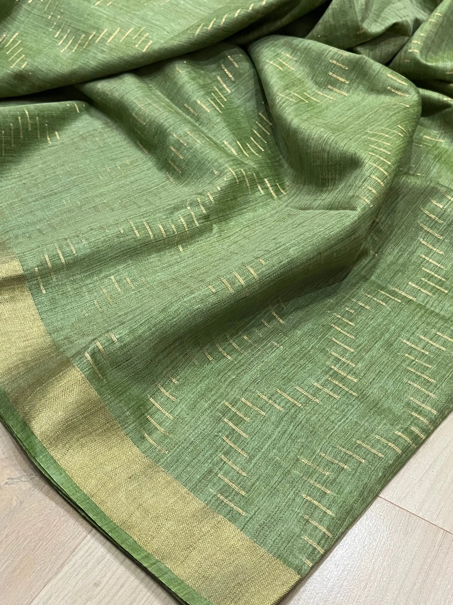 Bottle green shade Handwoven organic Linen Saree | Gold Zari border | KIHUMS Saree kihums clothing