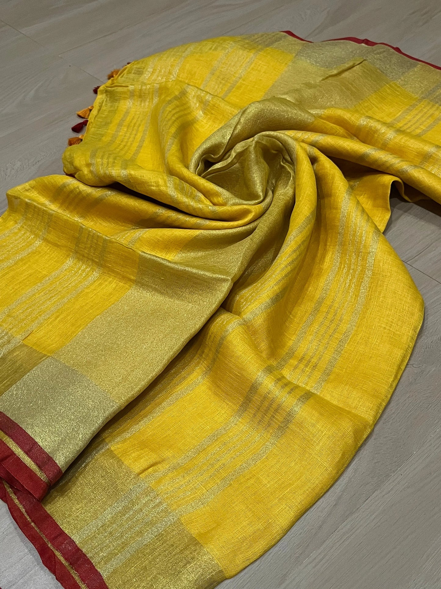 Yellow Handwoven organic Linen Saree | Gold zari border | KIHUMS Saree kihums clothing