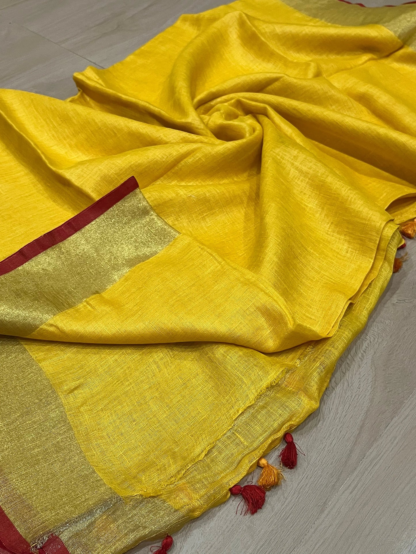 Yellow Handwoven organic Linen Saree | Gold zari border | KIHUMS Saree kihums clothing