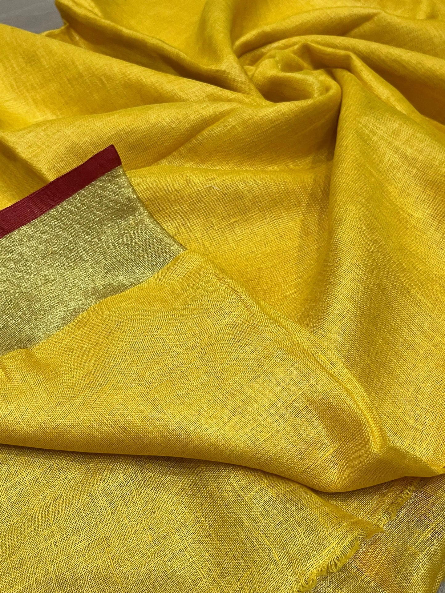 Yellow Handwoven organic Linen Saree | Gold zari border | KIHUMS Saree kihums clothing