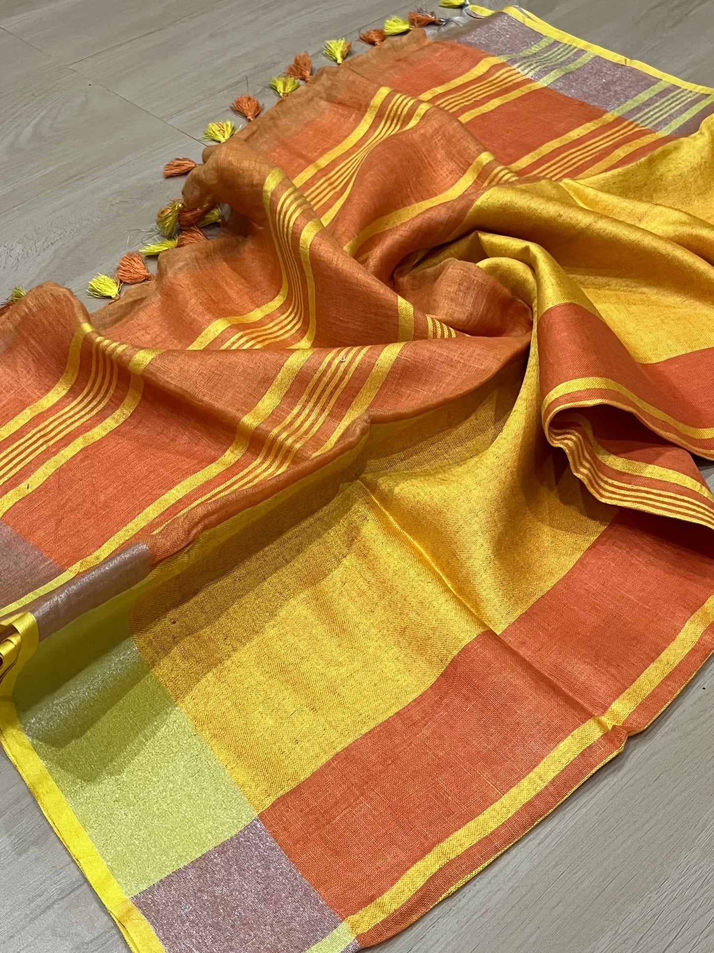 Orange Handwoven organic Linen Saree | Gold zari border | KIHUMS Saree kihums clothing