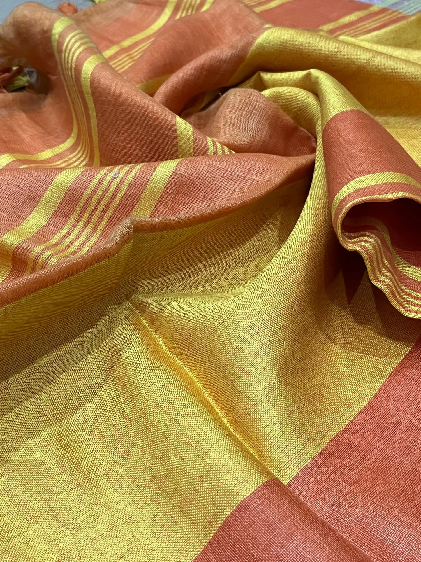 Orange Handwoven organic Linen Saree | Gold zari border | KIHUMS Saree kihums clothing