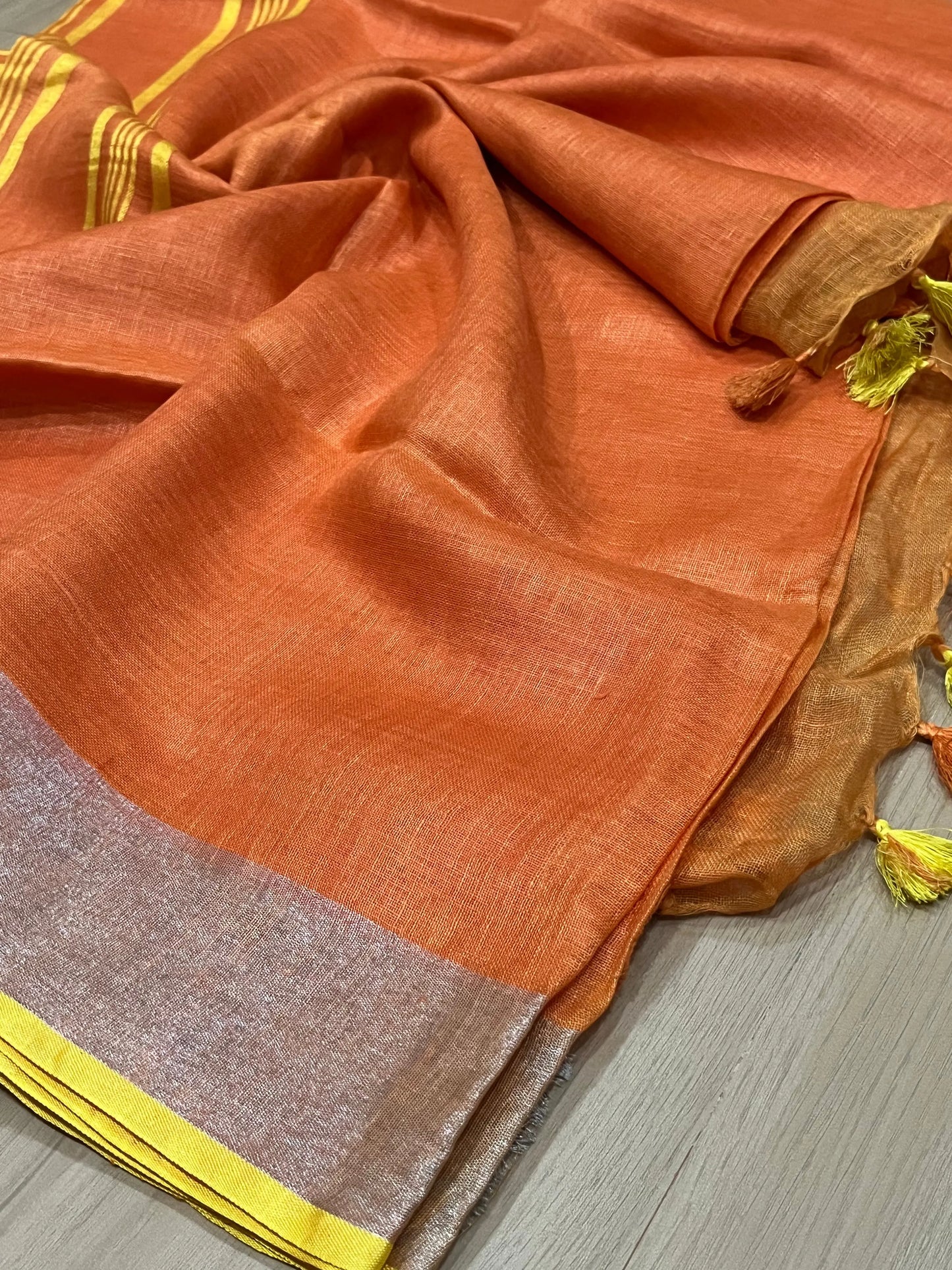 Orange Handwoven organic Linen Saree | Gold zari border | KIHUMS Saree kihums clothing