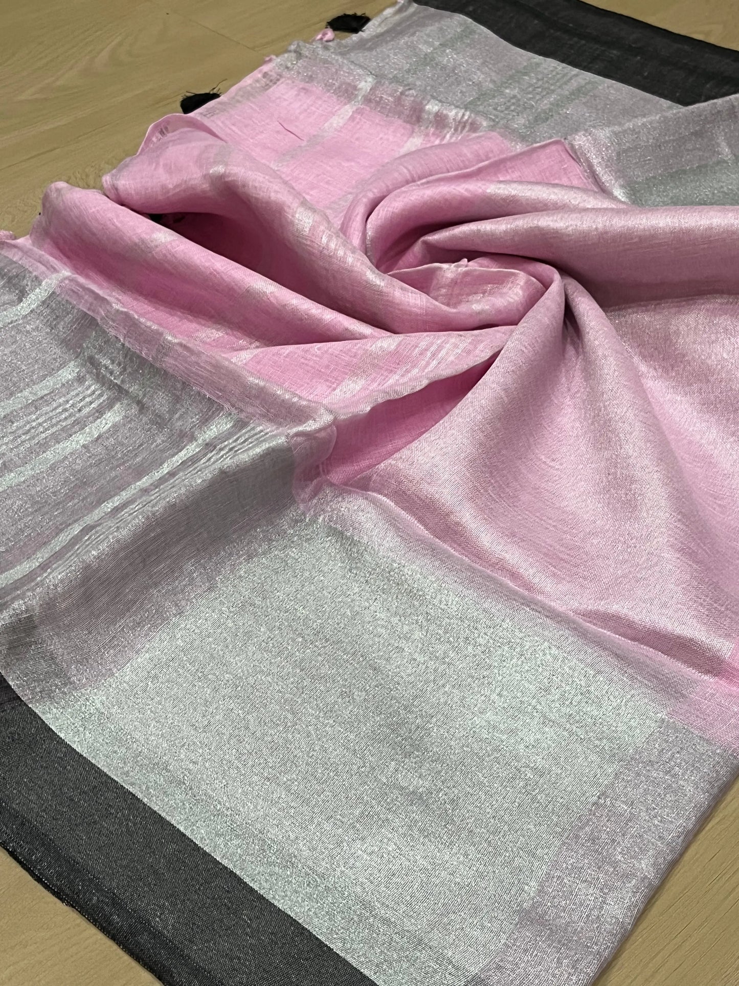 Pink shade Handwoven organic Linen Saree | Silver zari border | KIHUMS Saree kihums clothing