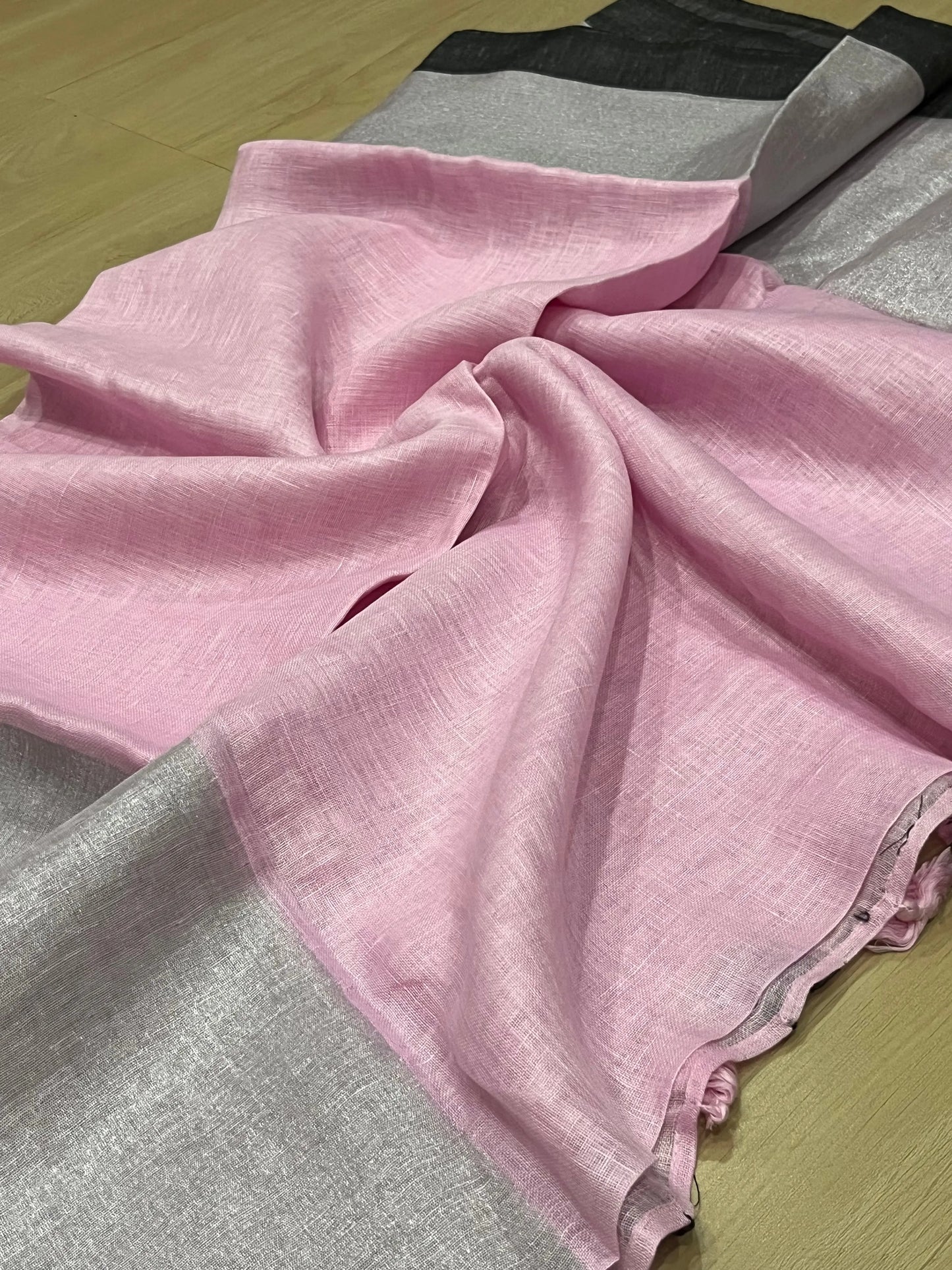 Pink shade Handwoven organic Linen Saree | Silver zari border | KIHUMS Saree kihums clothing