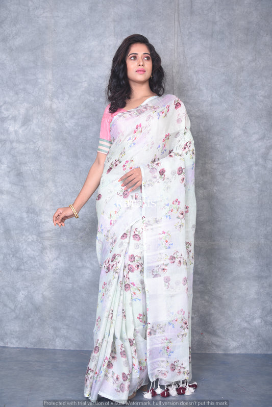 White Floral Print linen saree I Silver Zari Border I Handwoven Saree I Pretty Sari | KIHUMS Saree