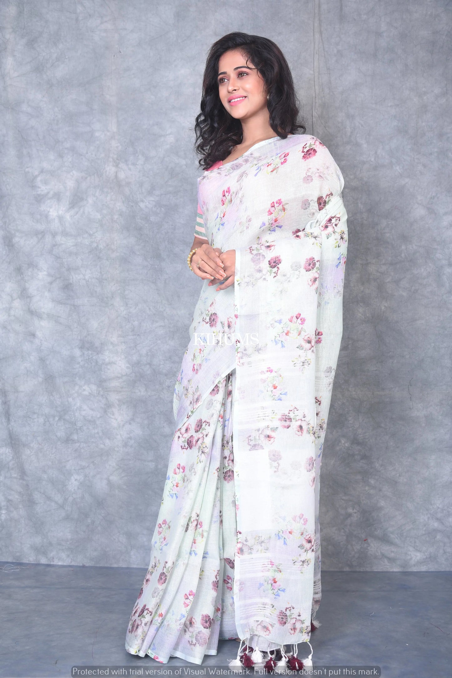 White Floral Print linen saree I Silver Zari Border I Handwoven Saree I Pretty Sari | KIHUMS Saree kihums clothing