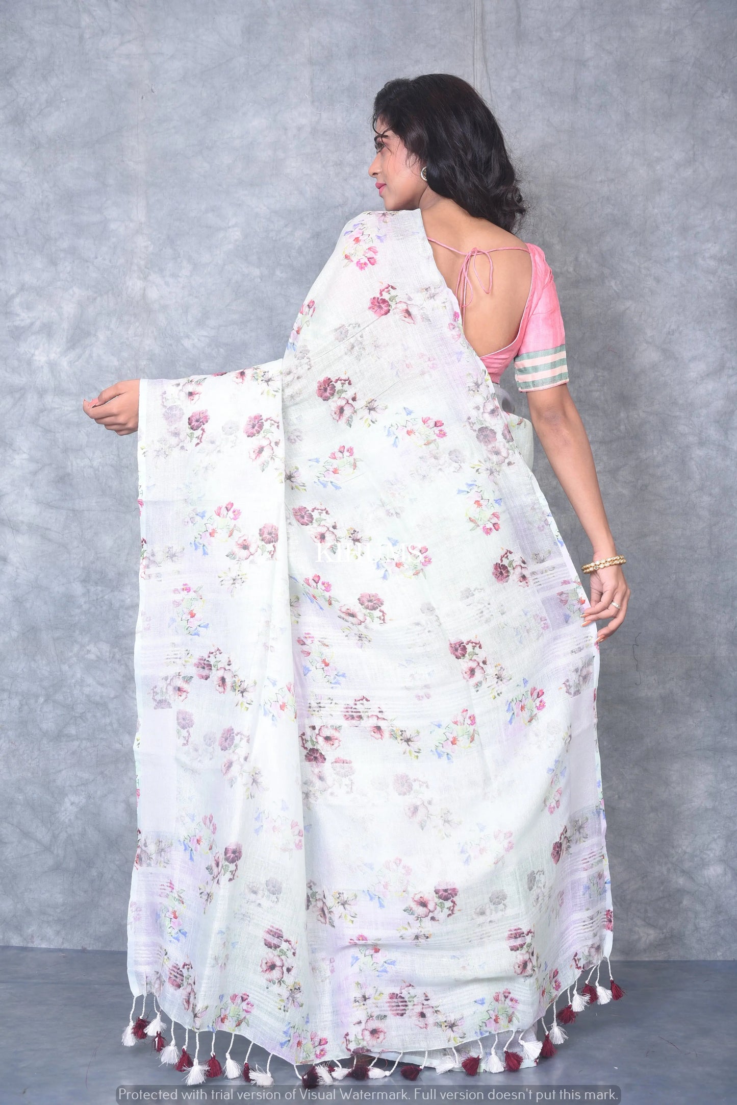 White Floral Print linen saree I Silver Zari Border I Handwoven Saree I Pretty Sari | KIHUMS Saree kihums clothing
