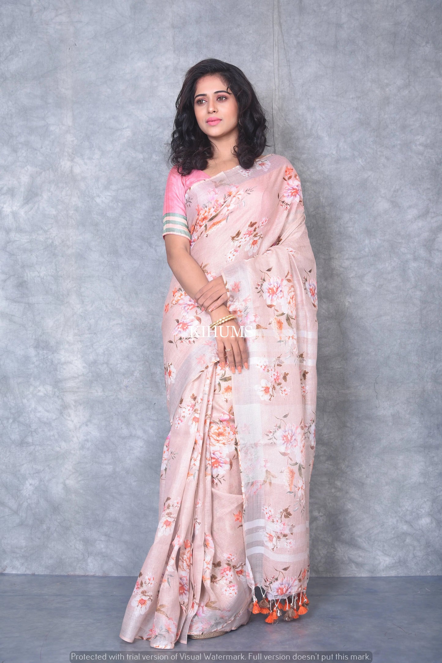 Peach Floral Print linen saree I Silver Zari Border I Handwoven Saree I Pretty Sari | KIHUMS Saree kihums clothing