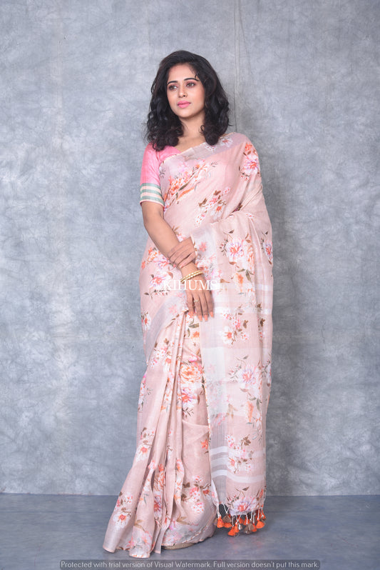 Peach Floral Print linen saree I Silver Zari Border I Handwoven Saree I Pretty Sari | KIHUMS Saree