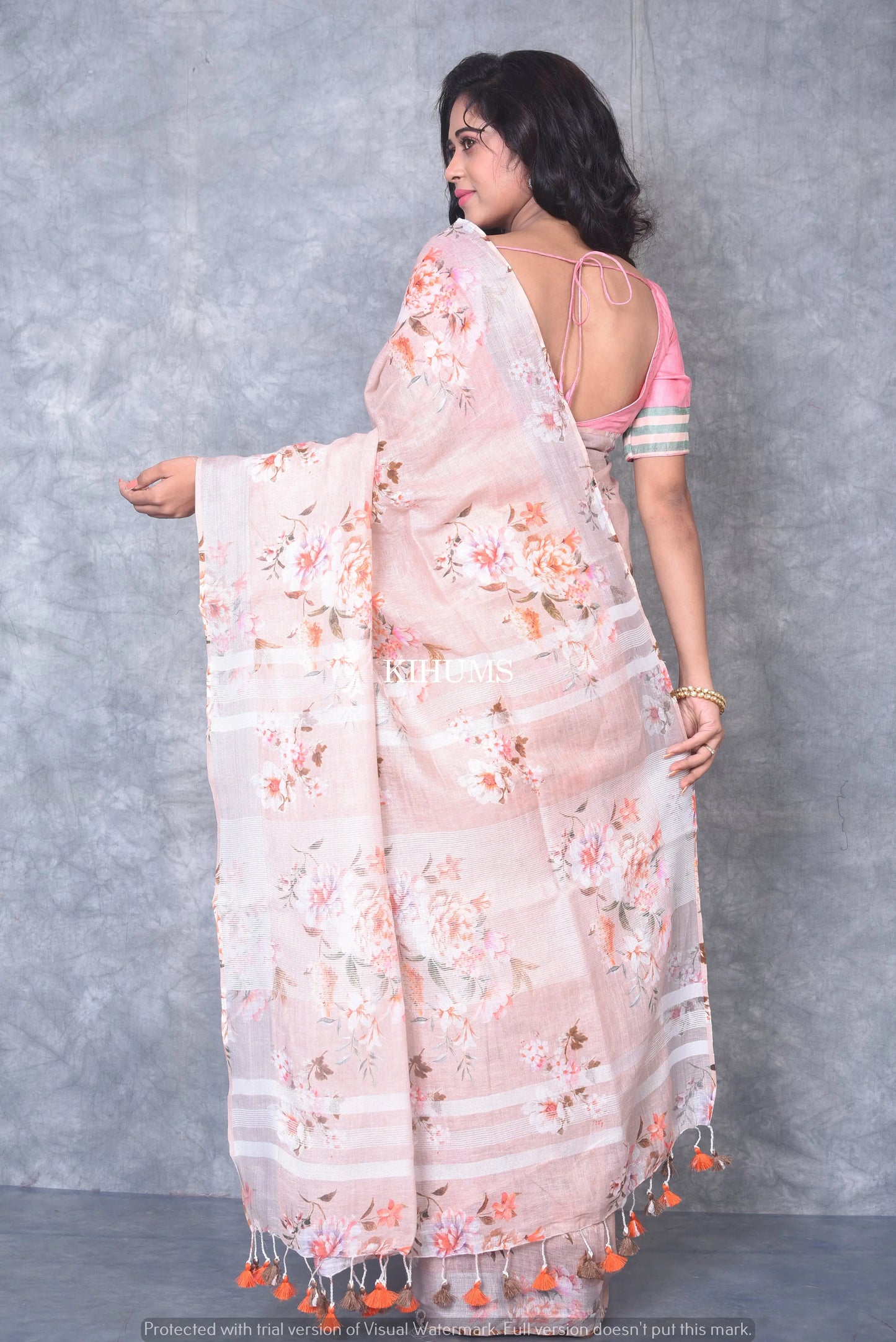 Peach Floral Print linen saree I Silver Zari Border I Handwoven Saree I Pretty Sari | KIHUMS Saree kihums clothing