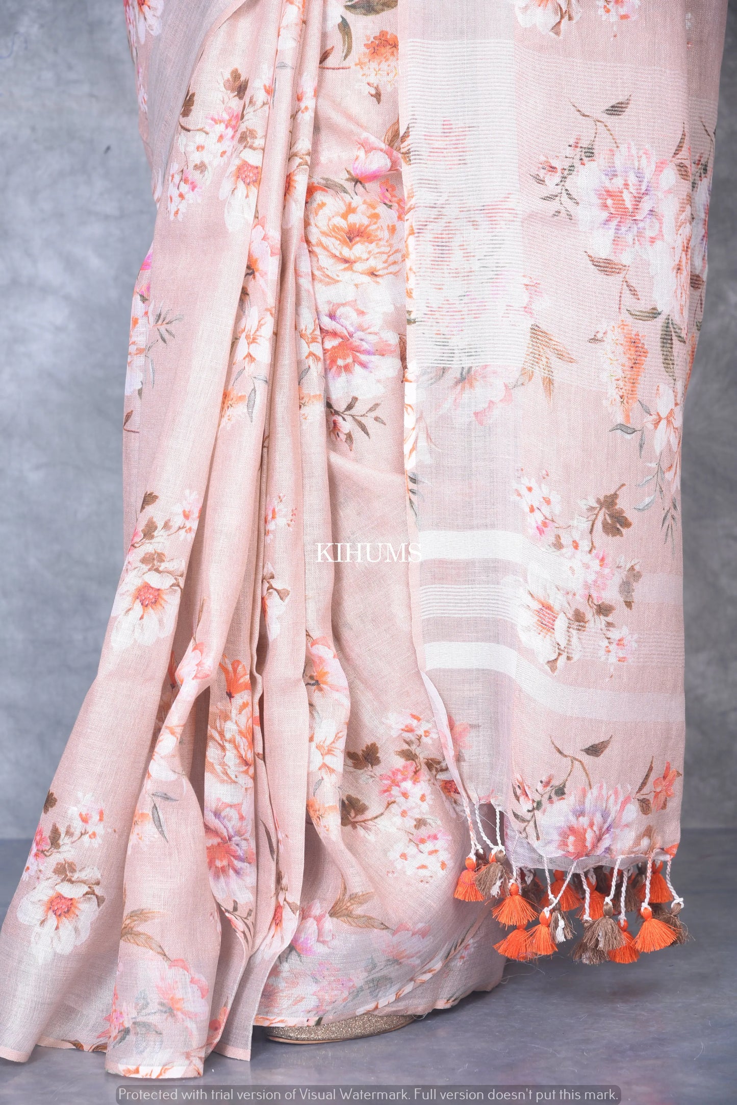 Peach Floral Print linen saree I Silver Zari Border I Handwoven Saree I Pretty Sari | KIHUMS Saree kihums clothing