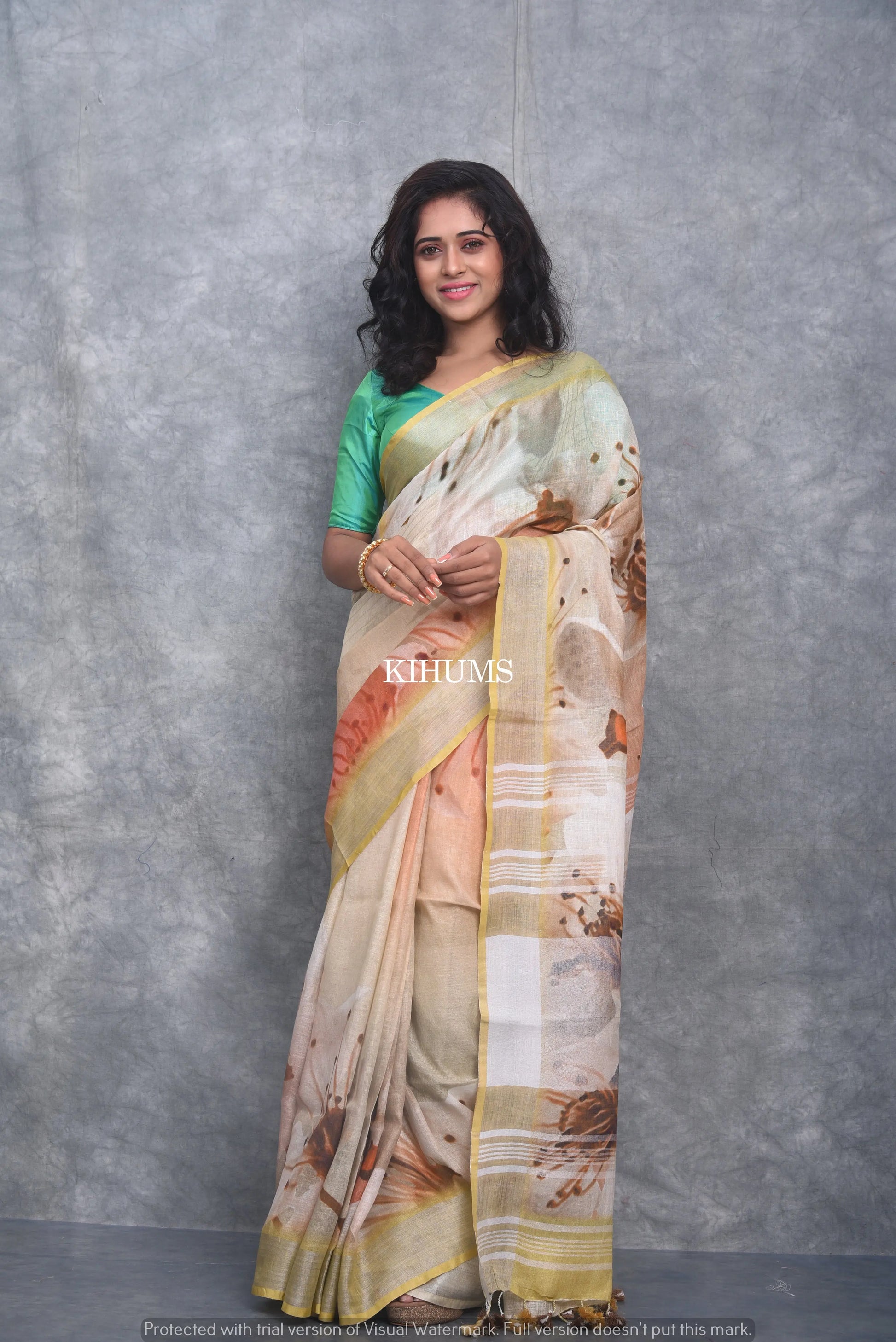 Multishade Printed linen saree I Silver Zari Border I Handwoven Saree I Pretty Sari | KIHUMS Saree kihums clothing