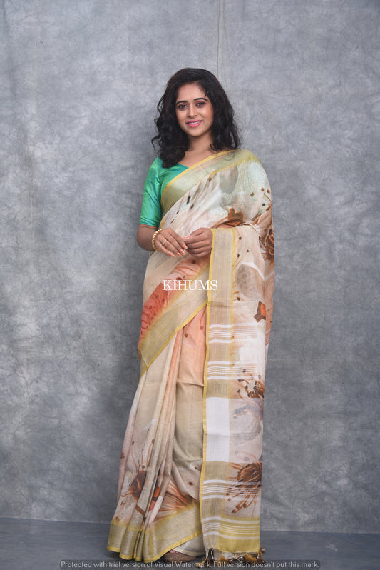 Multishade Printed linen saree I Silver Zari Border I Handwoven Saree I Pretty Sari | KIHUMS Saree