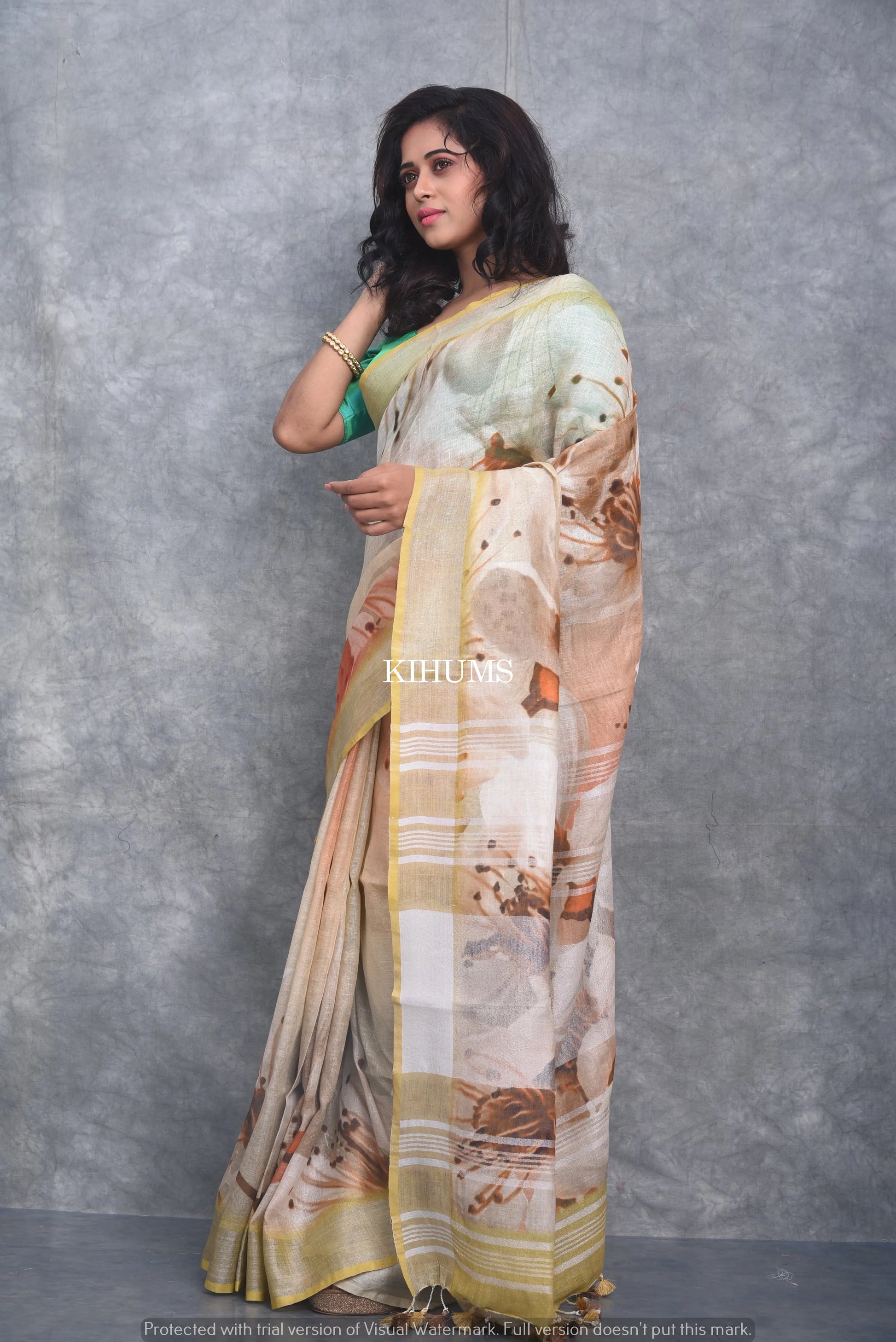 Multishade Printed linen saree I Silver Zari Border I Handwoven Saree I Pretty Sari | KIHUMS Saree kihums clothing