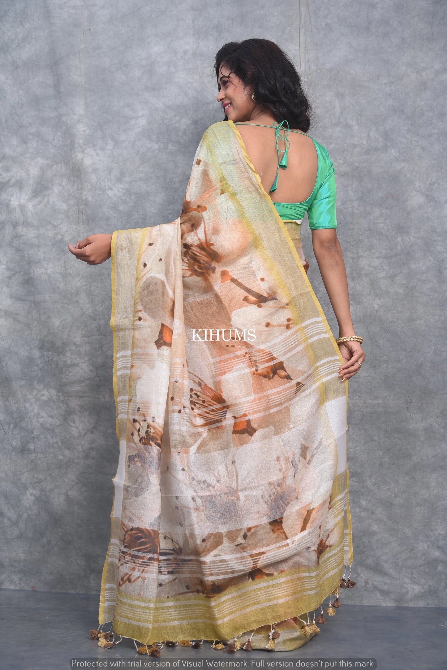 Multishade Printed linen saree I Silver Zari Border I Handwoven Saree I Pretty Sari | KIHUMS Saree kihums clothing