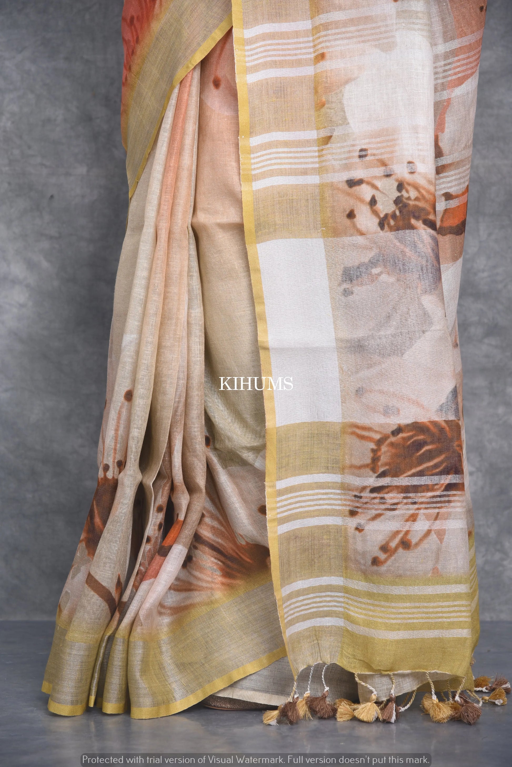 Multishade Printed linen saree I Silver Zari Border I Handwoven Saree I Pretty Sari | KIHUMS Saree kihums clothing