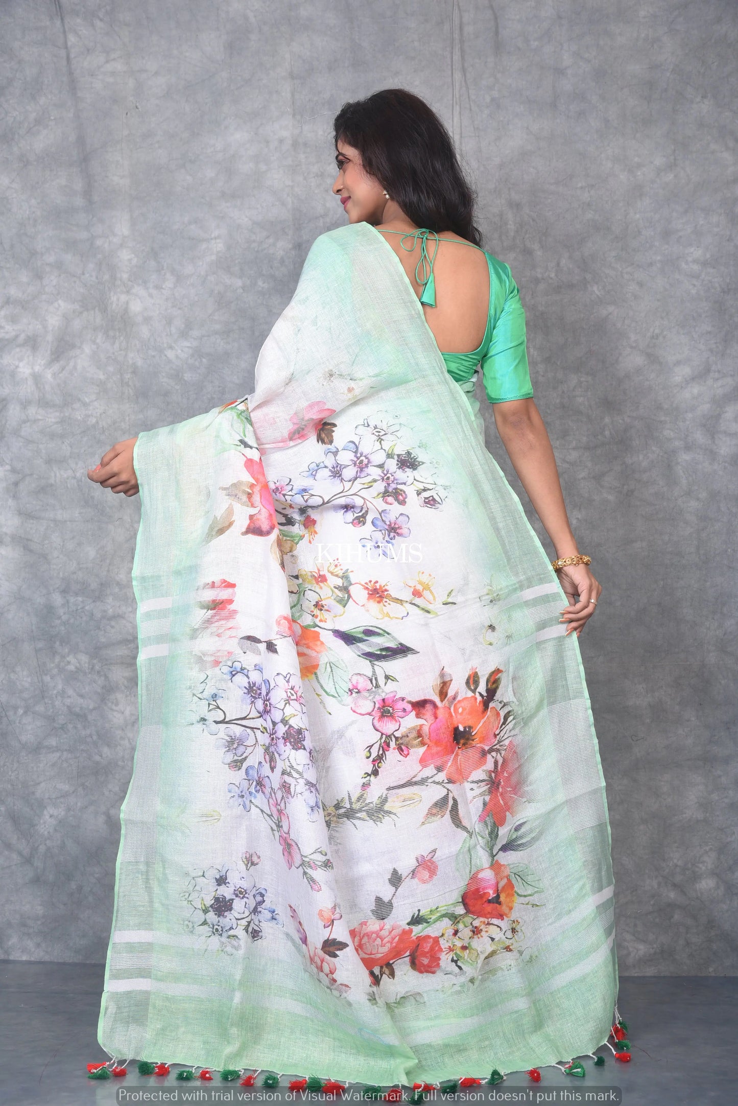 White Printed linen saree I Silver Zari Border with Green shadeI Handwoven Saree I Pretty Sari | KIHUMS Saree kihums clothing