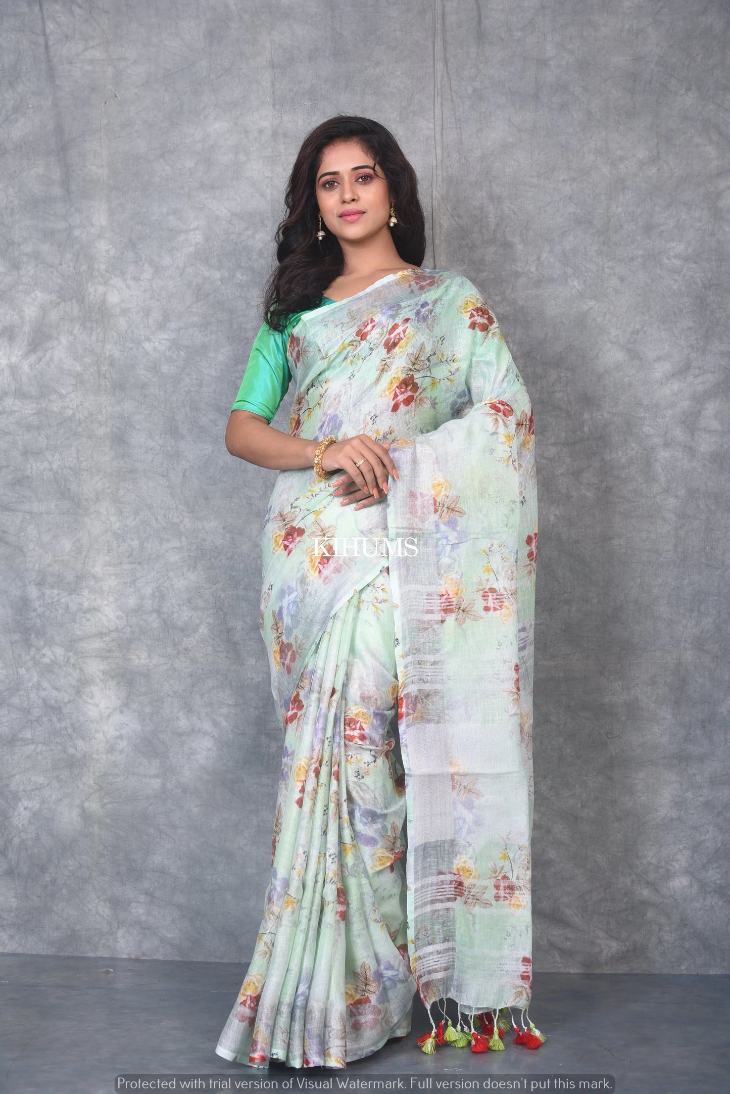 White Floral Printed linen saree I Silver Zari BorderI Handwoven Saree I Pretty Sari | KIHUMS Saree kihums clothing