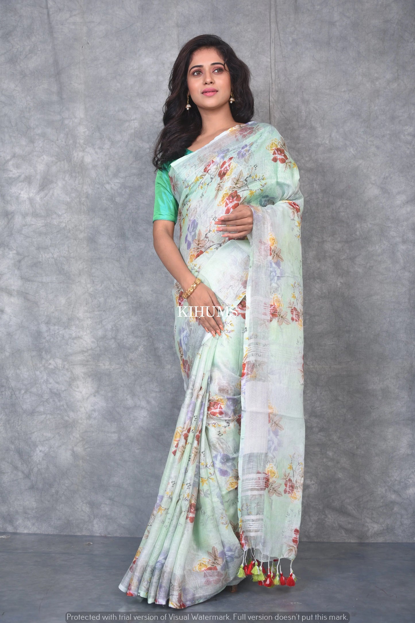 White Floral Printed linen saree I Silver Zari BorderI Handwoven Saree I Pretty Sari | KIHUMS Saree kihums clothing