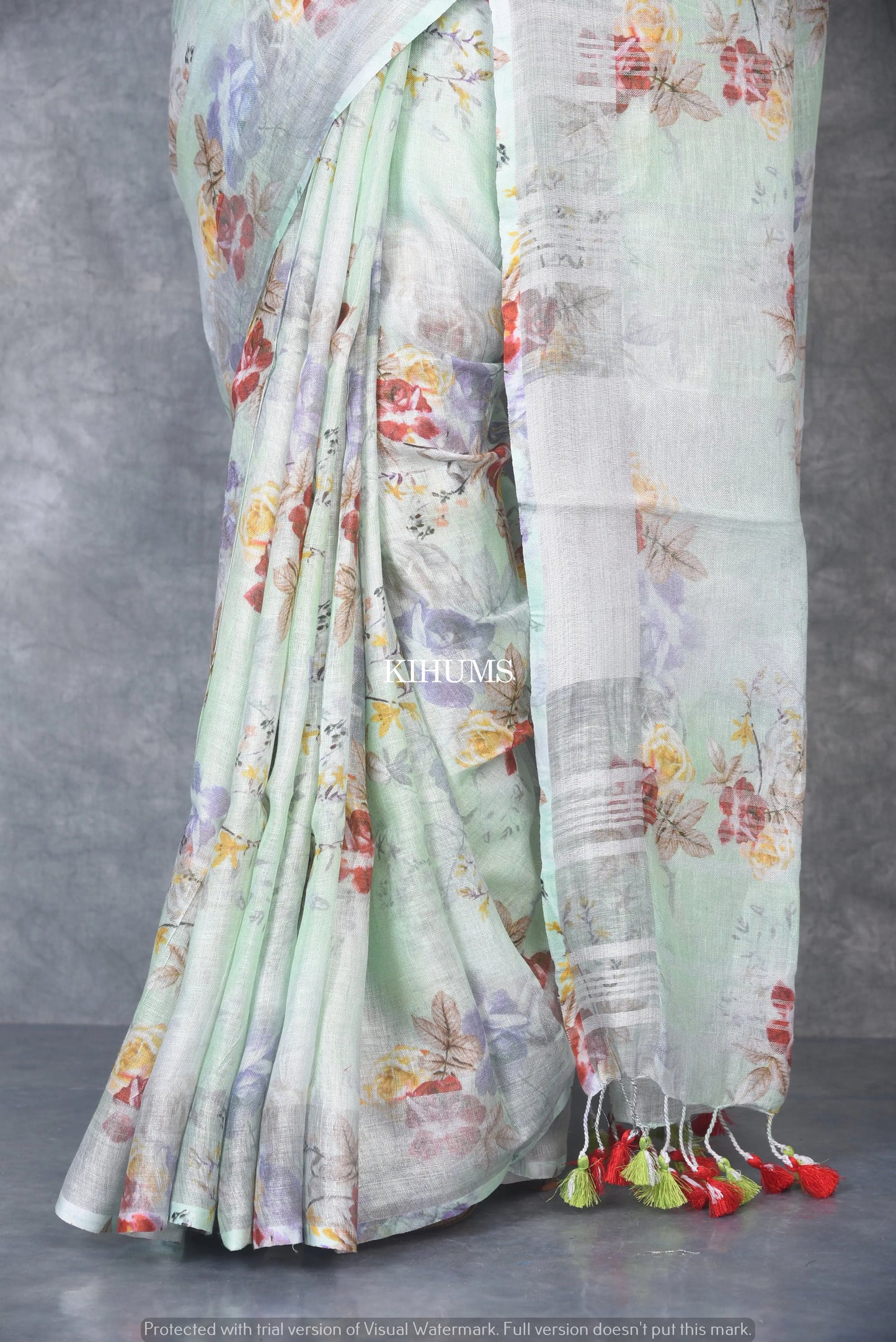 White Floral Printed linen saree I Silver Zari BorderI Handwoven Saree I Pretty Sari | KIHUMS Saree kihums clothing