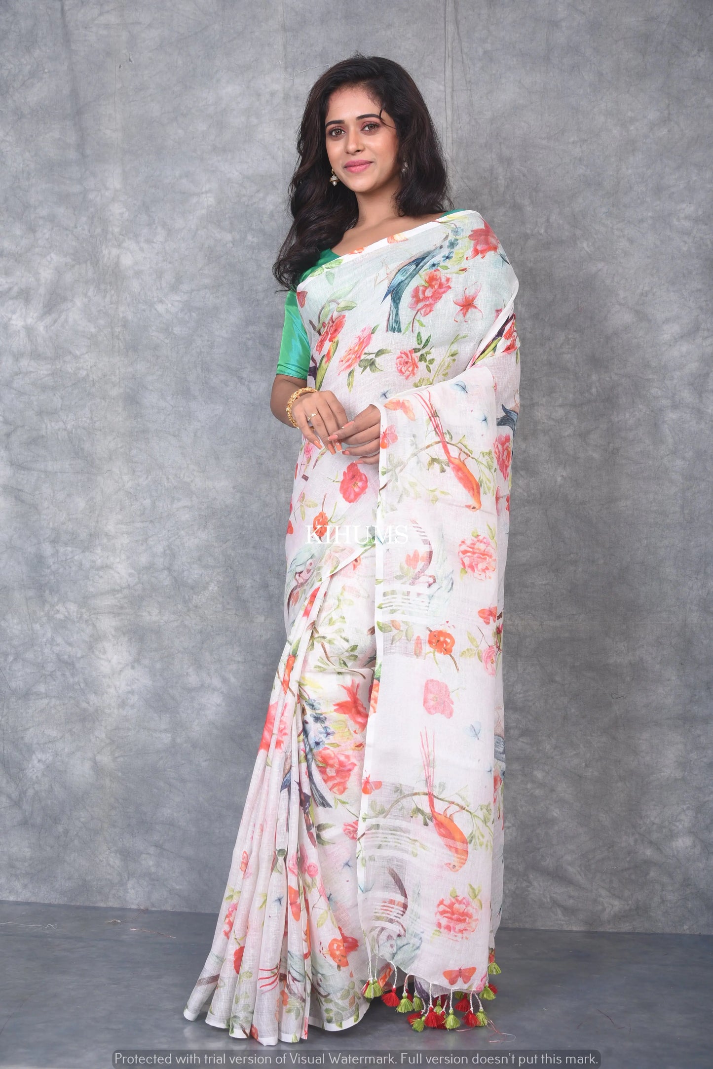 White Printed linen saree I Silver Zari BorderI Handwoven Saree I Pretty Sari | KIHUMS Saree kihums clothing