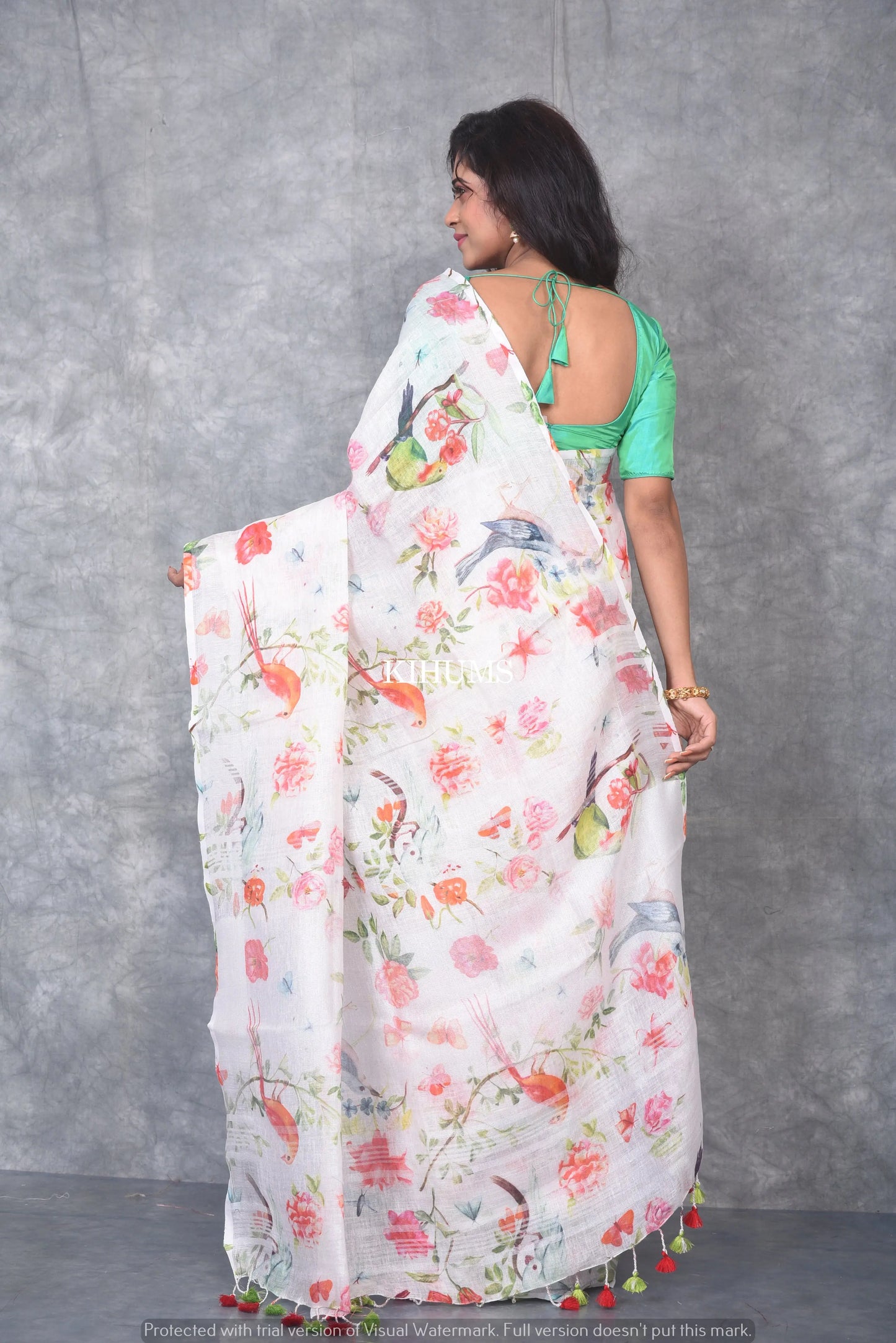 White Printed linen saree I Silver Zari BorderI Handwoven Saree I Pretty Sari | KIHUMS Saree kihums clothing