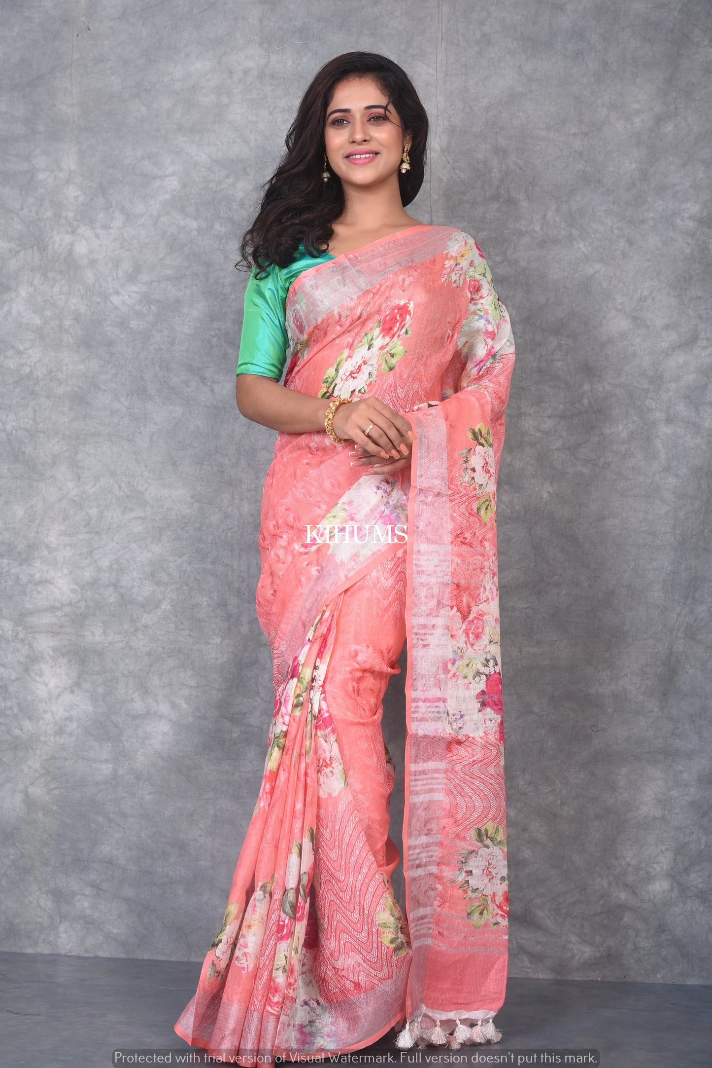 Peach Printed linen saree I Silver Zari BorderI Handwoven Saree I Pretty Sari | KIHUMS Saree kihums clothing