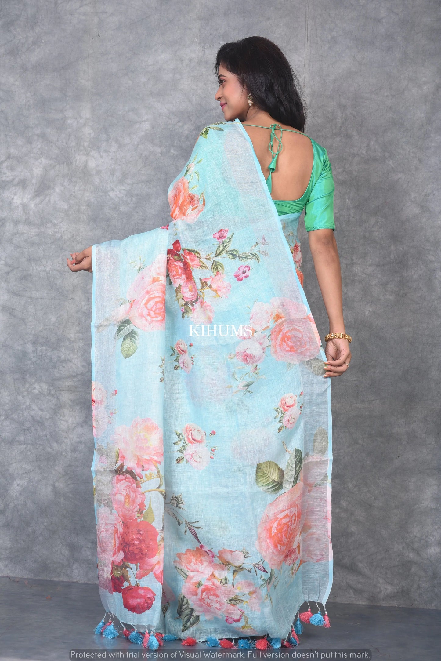 Blue shade Printed linen saree I Silver Zari BorderI Handwoven Saree I Pretty Sari | KIHUMS Saree kihums clothing