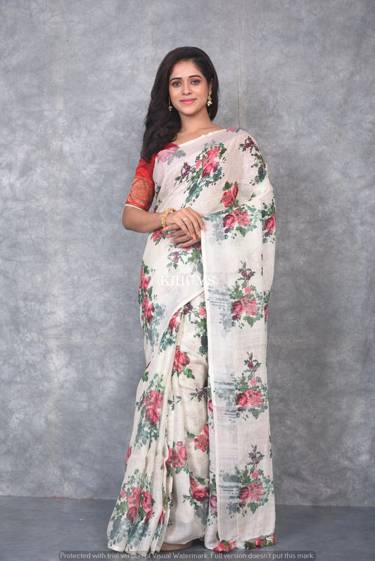 Ivory shade Floral Printed linen saree I Silver Zari BorderI Handwoven Saree I Pretty Sari | KIHUMS Saree kihums clothing