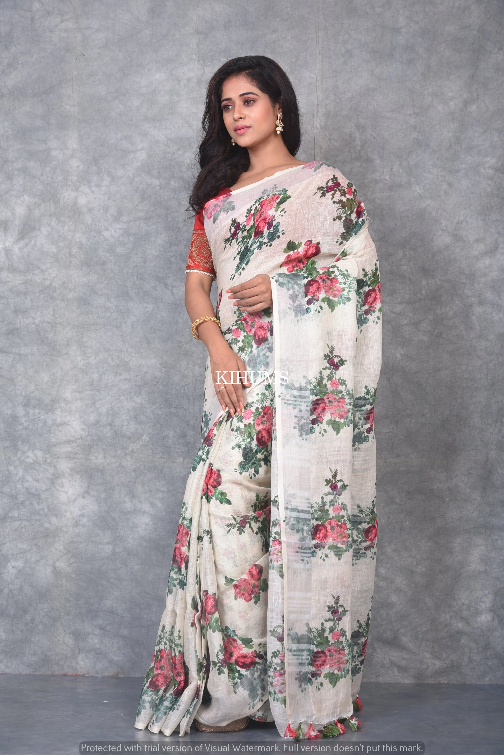 Ivory shade Floral Printed linen saree I Silver Zari BorderI Handwoven Saree I Pretty Sari | KIHUMS Saree kihums clothing