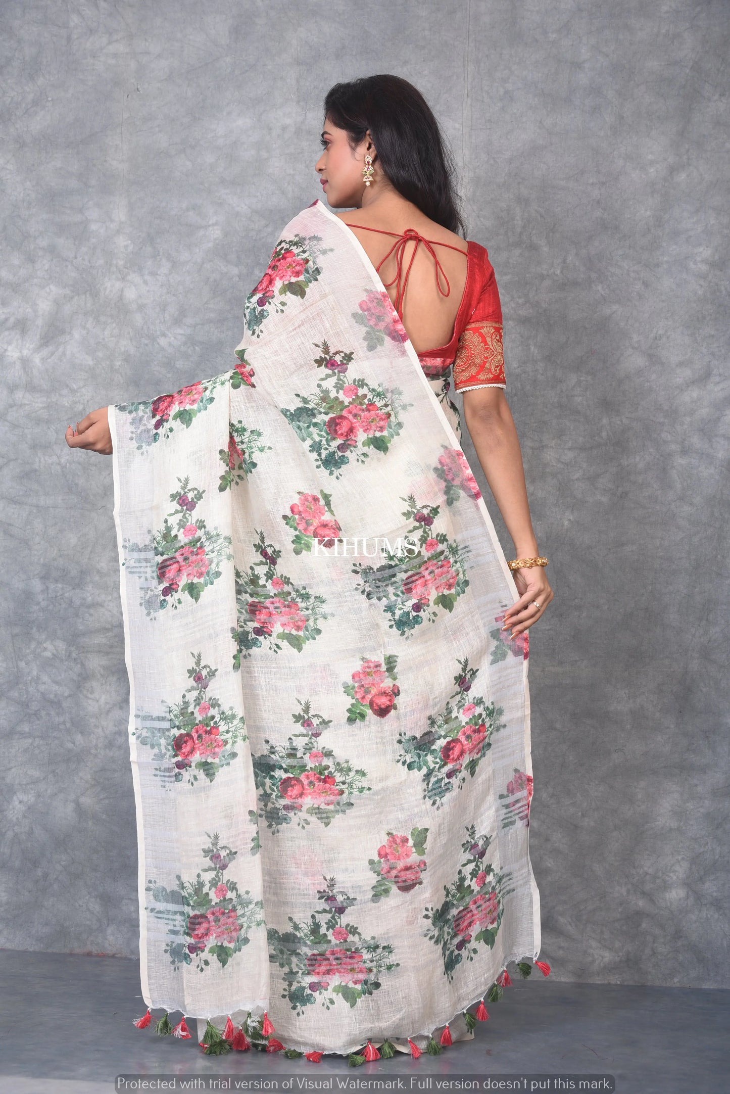 Ivory shade Floral Printed linen saree I Silver Zari BorderI Handwoven Saree I Pretty Sari | KIHUMS Saree kihums clothing