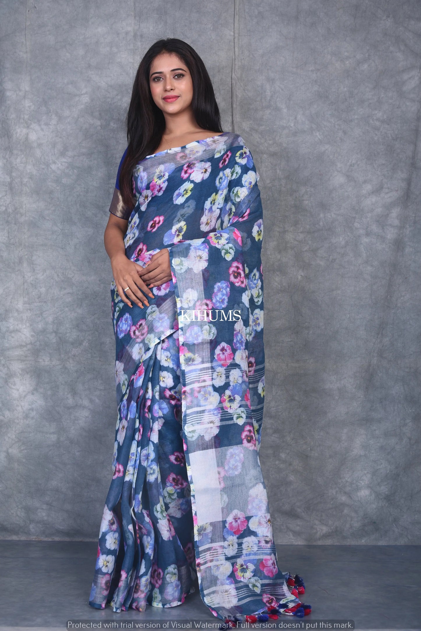Blue shade Floral Printed linen saree I Silver Zari BorderI Handwoven Saree I Pretty Sari | KIHUMS Saree kihums clothing