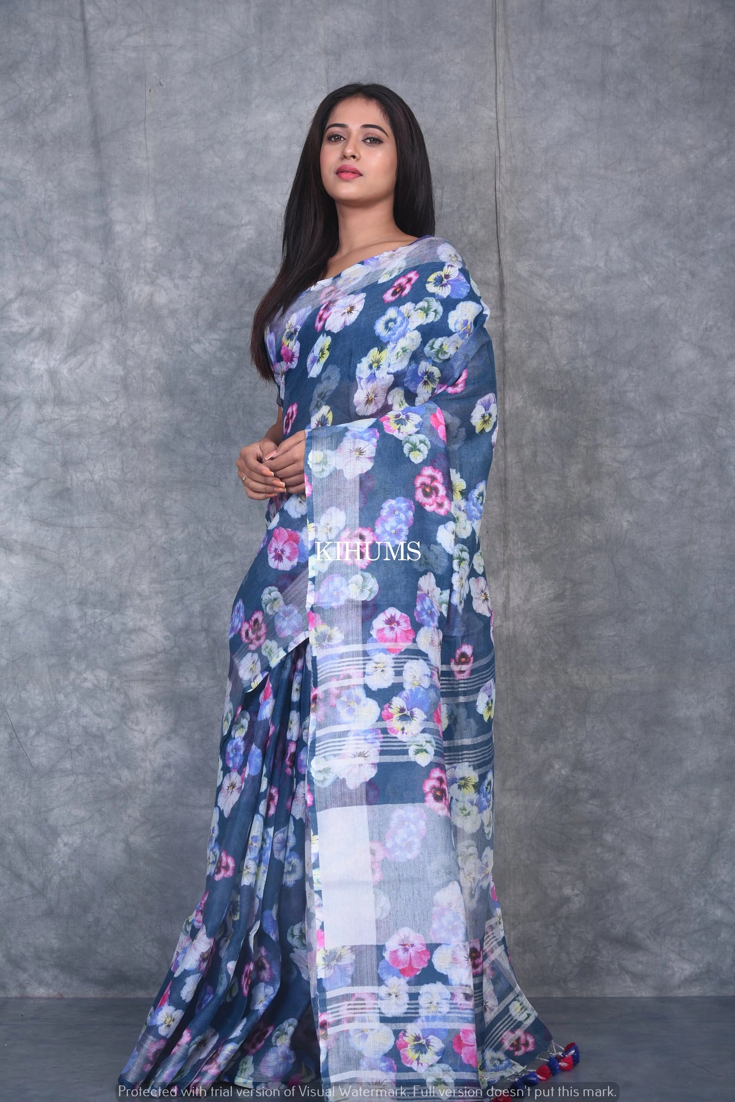 Blue shade Floral Printed linen saree I Silver Zari BorderI Handwoven Saree I Pretty Sari | KIHUMS Saree kihums clothing