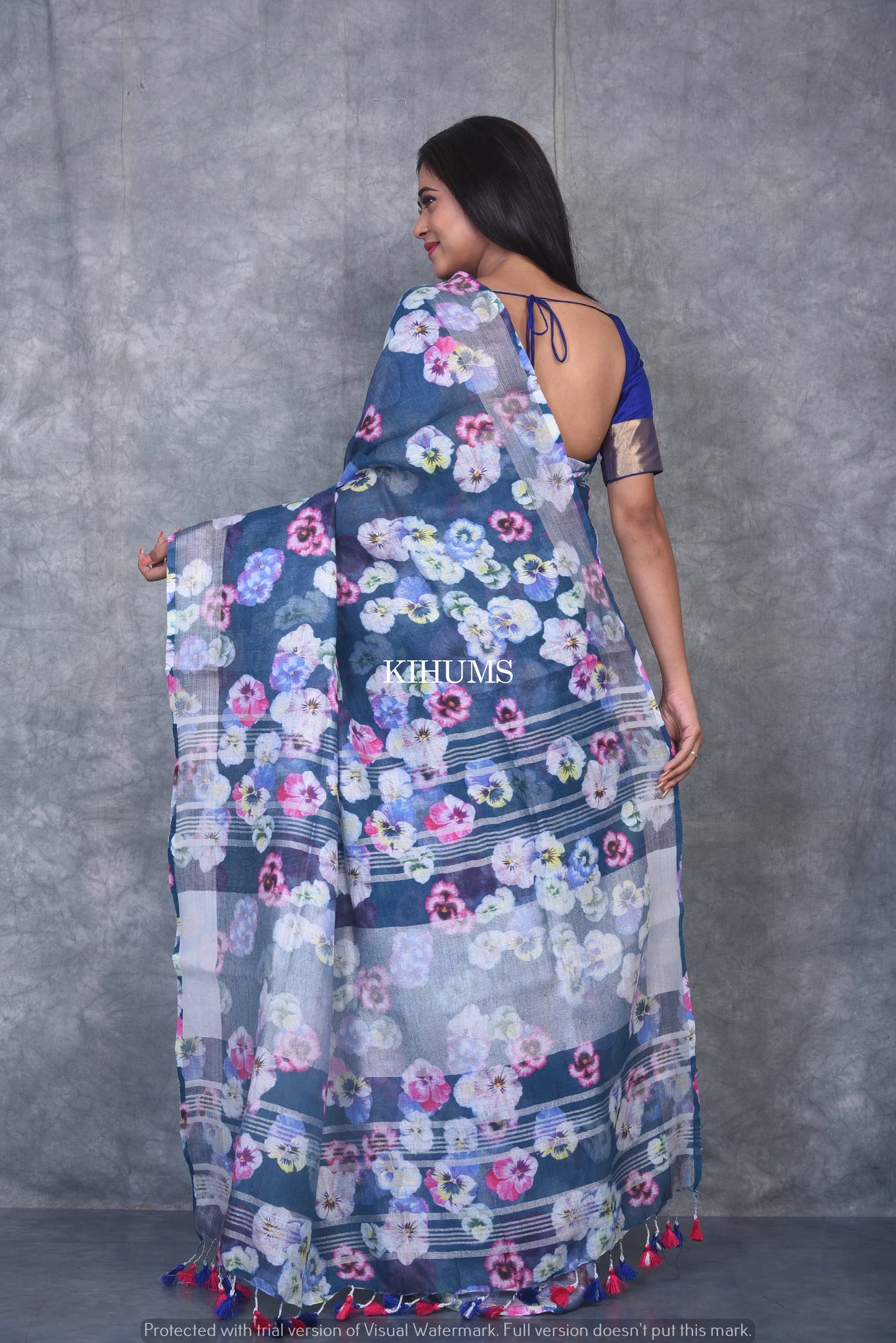 Blue shade Floral Printed linen saree I Silver Zari BorderI Handwoven Saree I Pretty Sari | KIHUMS Saree kihums clothing